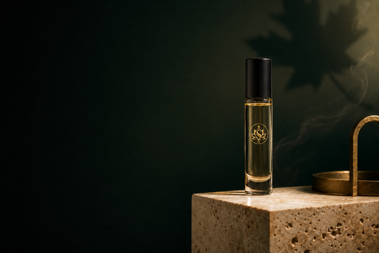 SULTÁN roll-on perfume oil displayed on a warm stone plinth