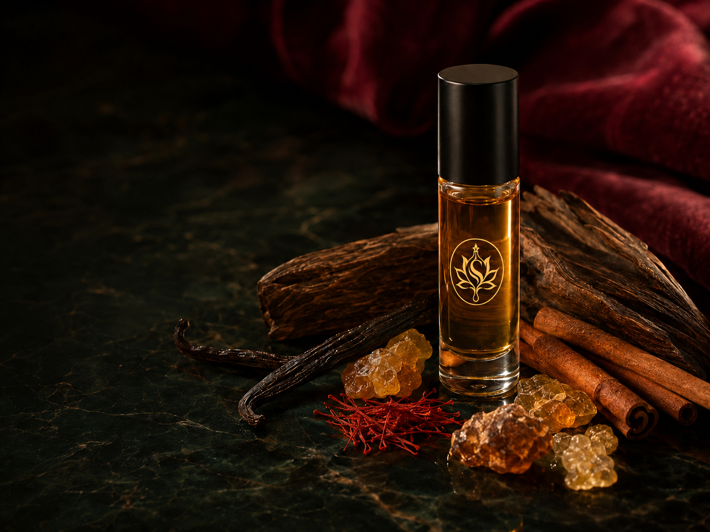 Warm perfume oil surrounded by oud wood and spice